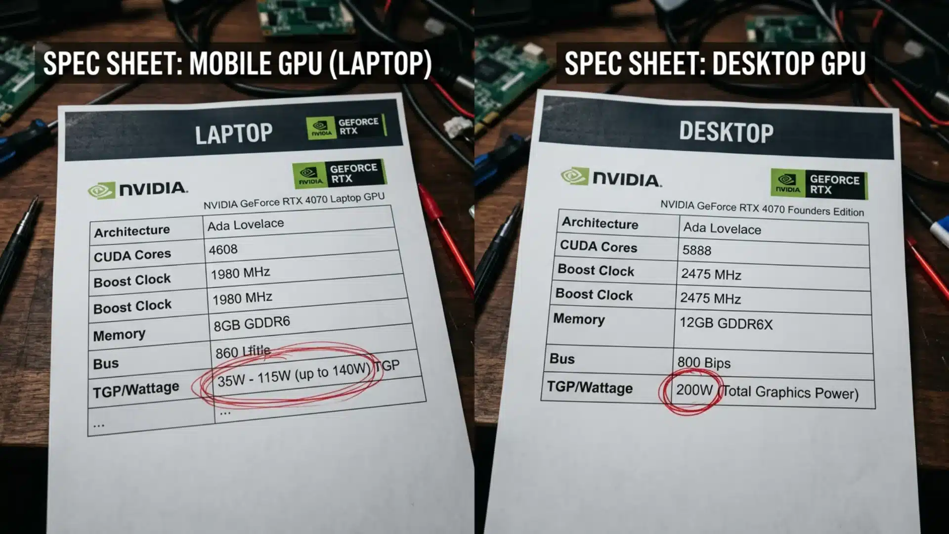 Side by side GPU spec sheet comparison showing wattage difference between laptop and desktop GPU versions