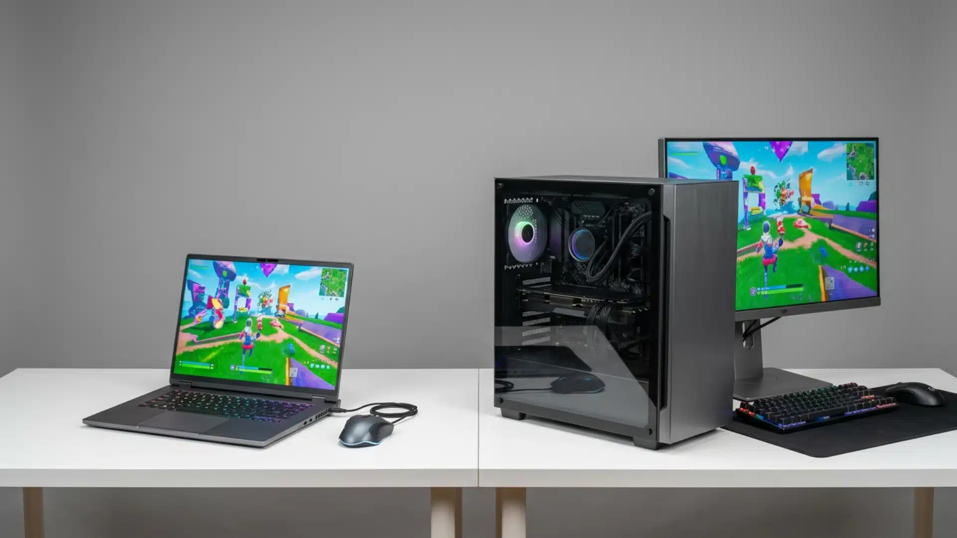 Side-by-side size comparison of a gaming laptop versus a desktop PC setup