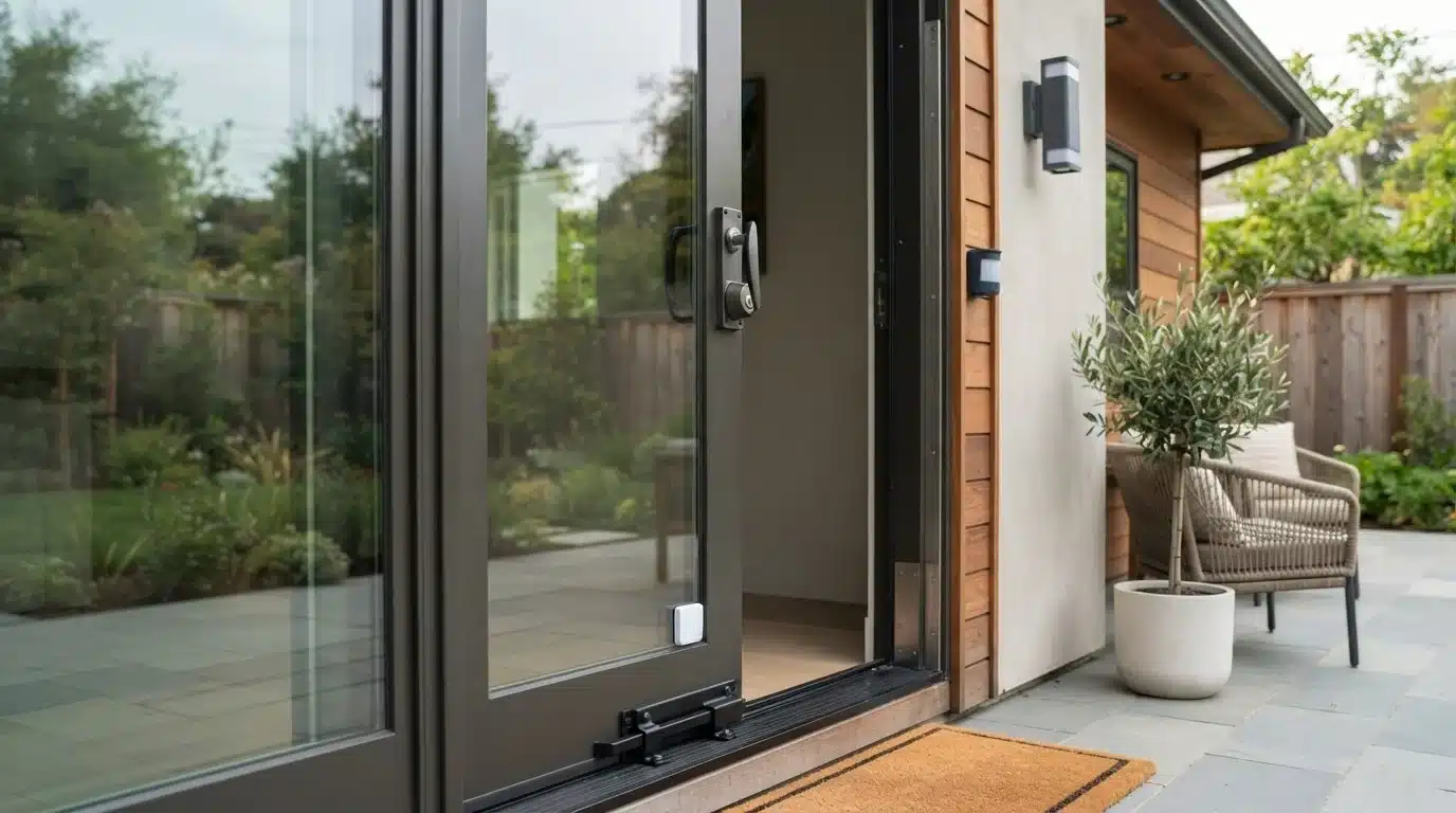 sliding patio door with security locks sensors and reinforced hardware for home protection