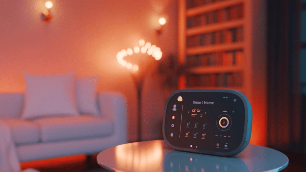 smart home control hub displayed on a small table in a modern living room with warm ambient lighting and sofa