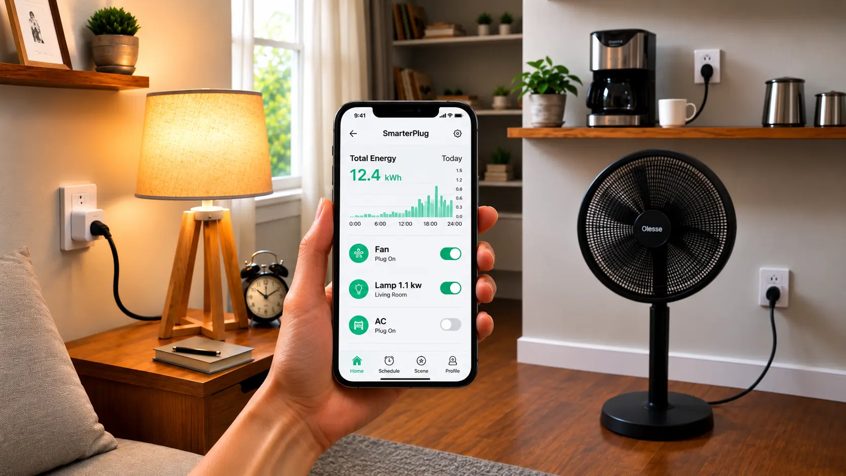 smart plug app on smartphone showing energy usage with connected home devices in living room