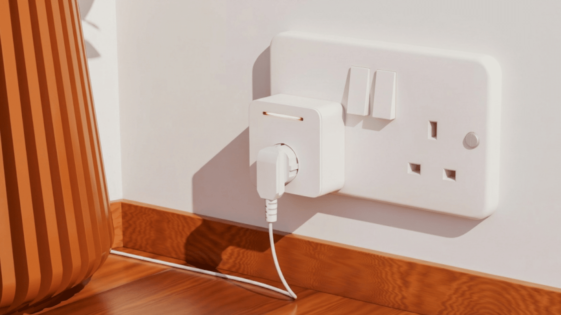 smart plug connected to a wall outlet with a charging cable on a wooden floor beside a modern home appliance