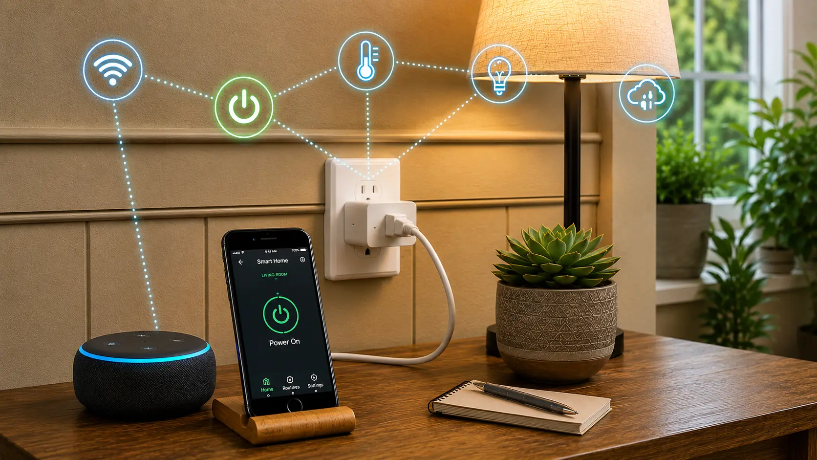 smart plug connected to lamp showing simple home automation setup in modern living room (2)
