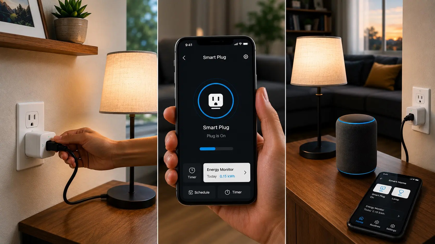 smart plug setup with smartphone app and connected device in a modern home interior