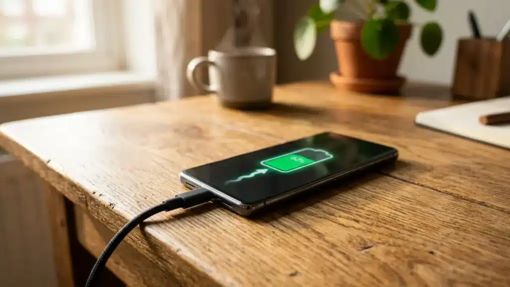 smartphone charging on wooden desk with battery icon displayed beside coffee mug in warm natural morning sunlight