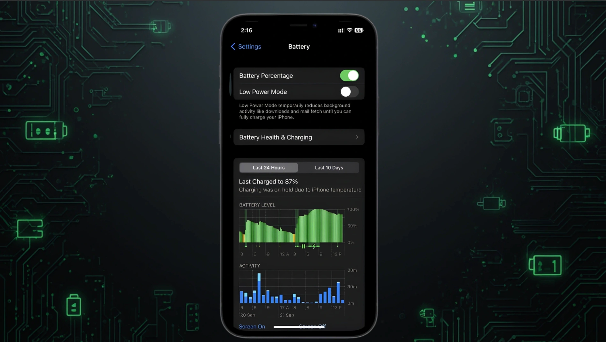 smartphone displaying battery health, charging settings, and usage graph against a dark background with glowing icons