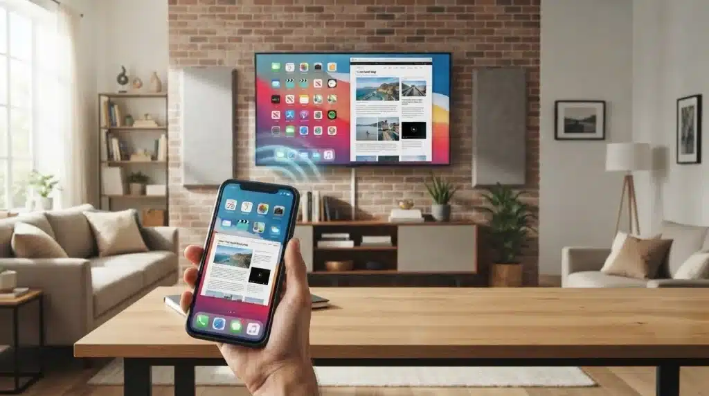 smartphone screen mirrored on a smart tv in a modern living room setup
