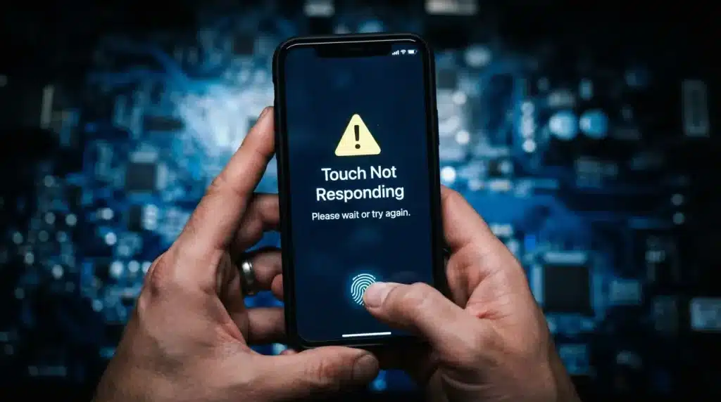 smartphone showing an unresponsive touch screen warning while a user tries to unlock the device with a fingerprint sensor