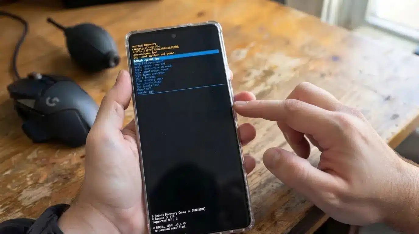 smartphone showing recovery mode menu while troubleshooting an unresponsive touch screen issue with system repair