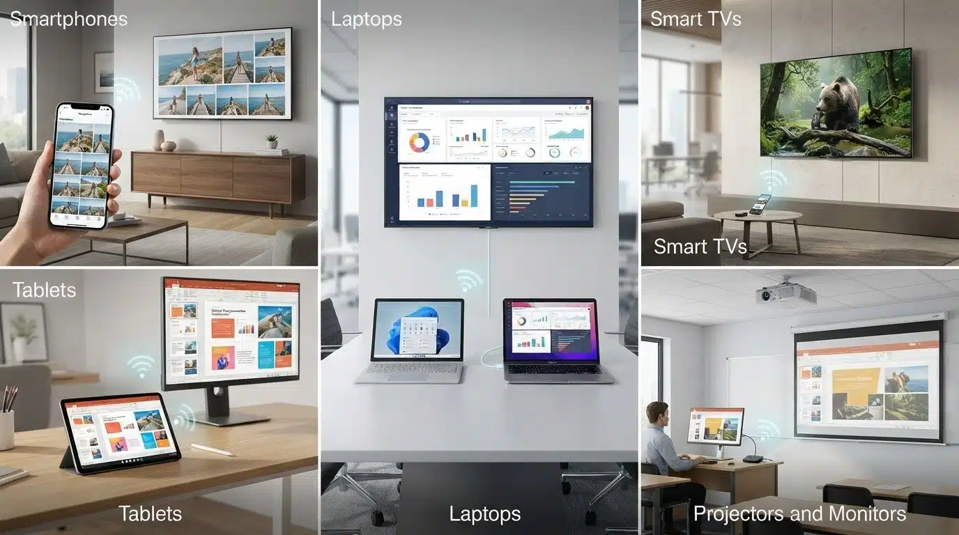 smartphone tablet laptop tv and projector devices showing screen mirroring support