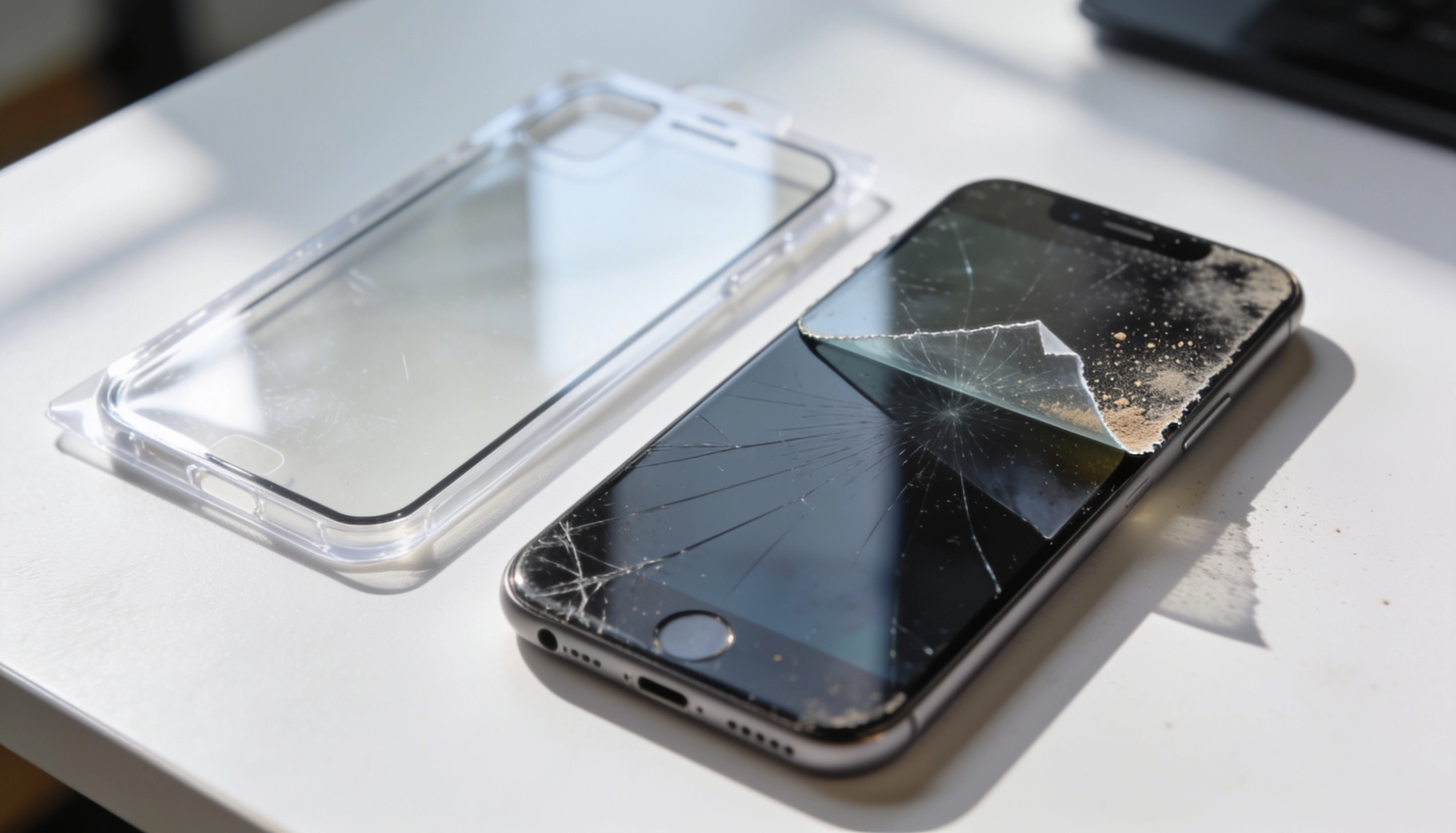 smartphone with a severely cracked screen beside a clear protective case on a table