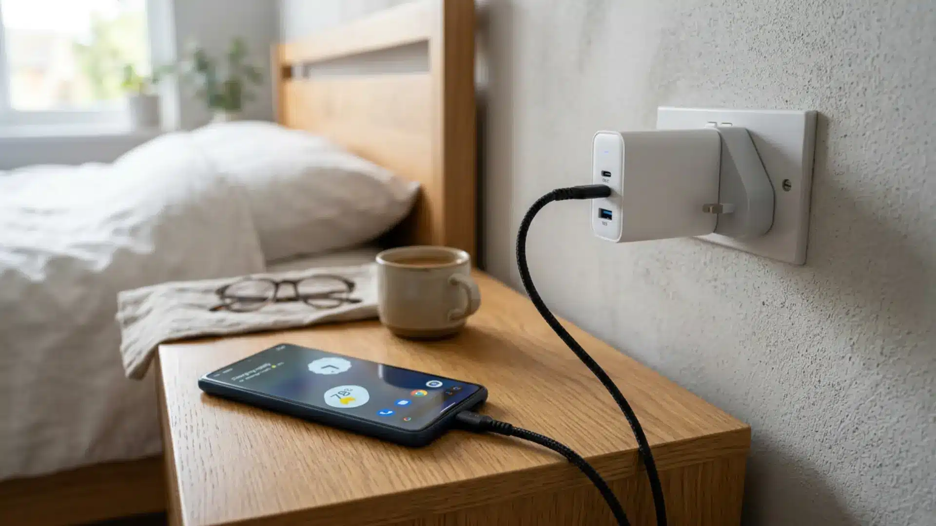 Smartphone charging overnight with a wall charger on a bedside table
