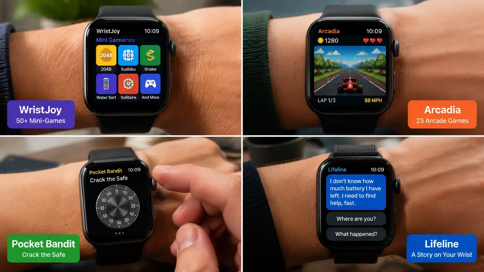 smartwatch showing puzzle arcade story and safe cracking games on different screens