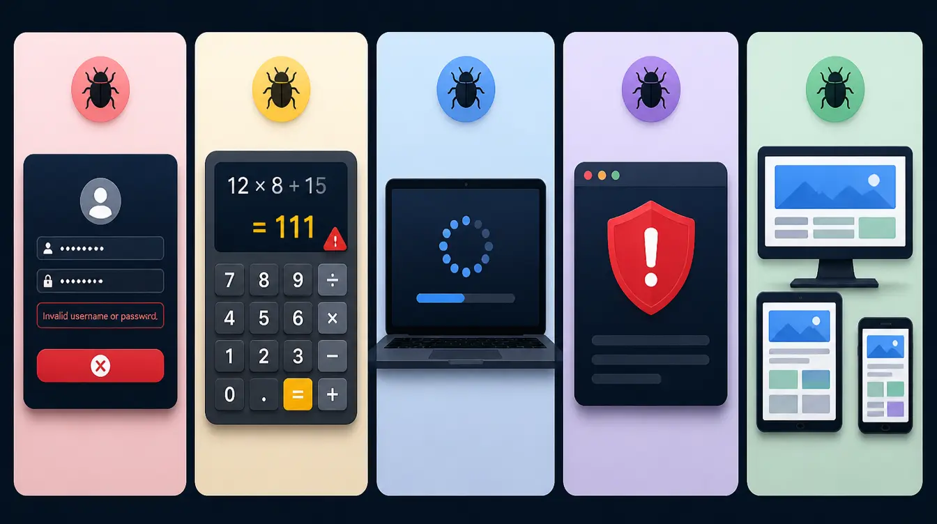 software bug categories showing login, calculation, loading, security, and device issues