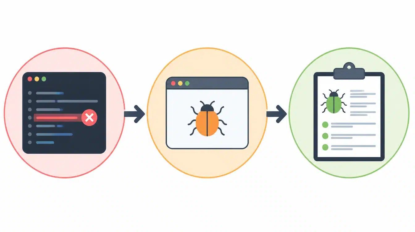 software bug process showing code error, bug identification, and issue reporting