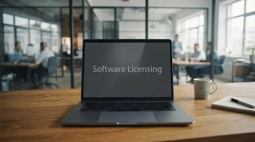 software licensing displayed on a laptop in a formal office setting with wooden desk soft light