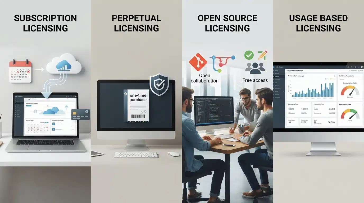 software licensing models with subscription perpetual open source and usage based types comparison