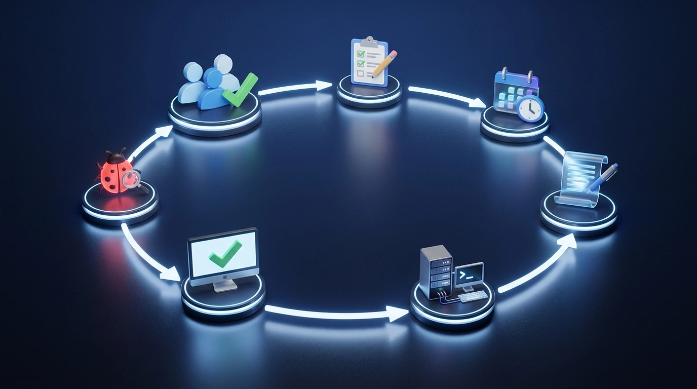 software testing life cycle stages shown as a circular workflow with connected icon