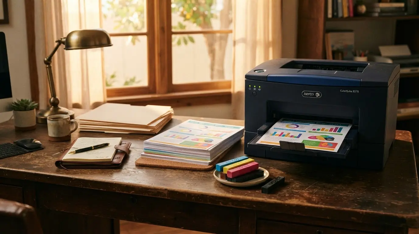 solid ink printer producing colorful charts and documents on office desk with melted wax sticks and realistic lighting