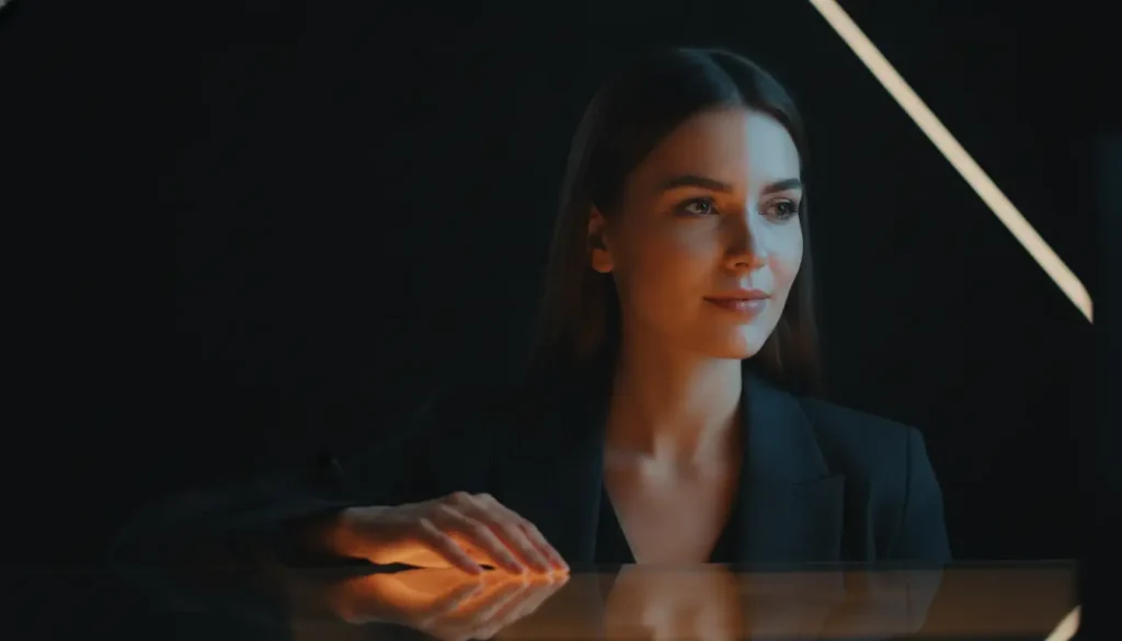 Confident woman in a dark room with warm lighting and reflective glass surface