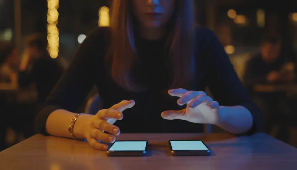 Person using two smartphones on a wooden table in dimly lit cafe