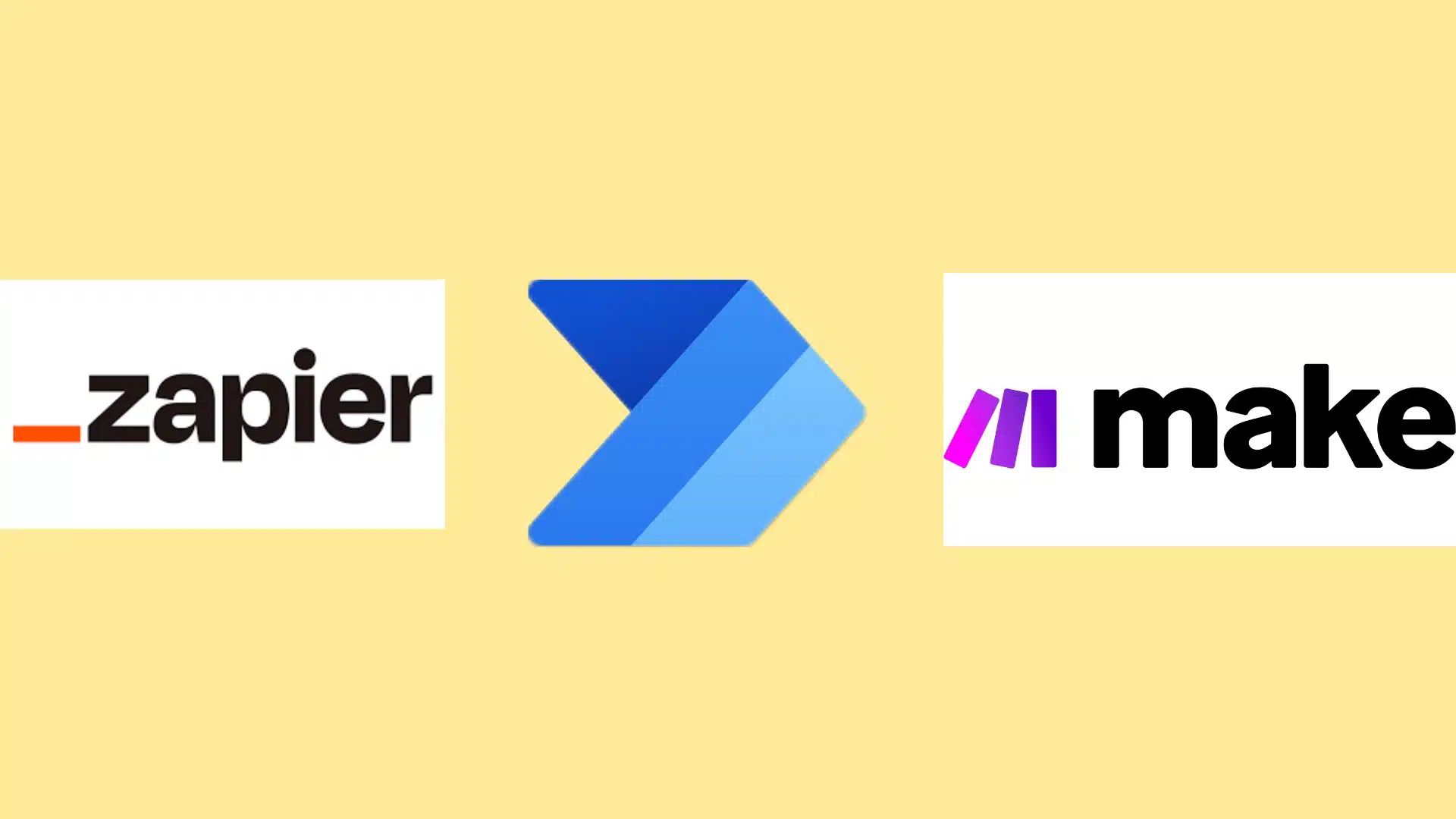 Three automation logos Zapier, Microsoft Power Automate, and make displayed on a light tan background (1)