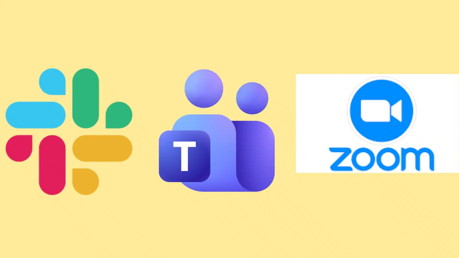 Three communication app logos Slack, Microsoft Teams, and Zoom displayed on a light tan background