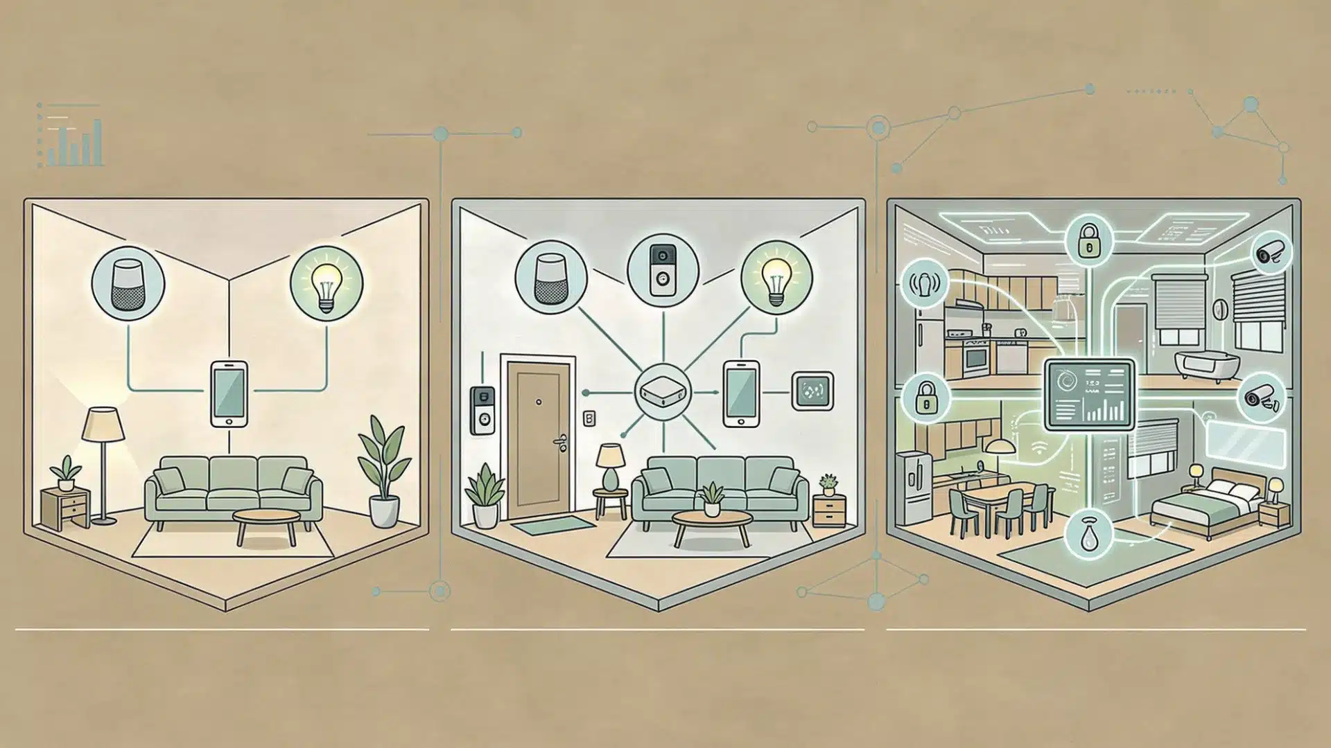 Three connected home setup tiers showing beginner, mid-level, and advanced smart home configurations.webp
