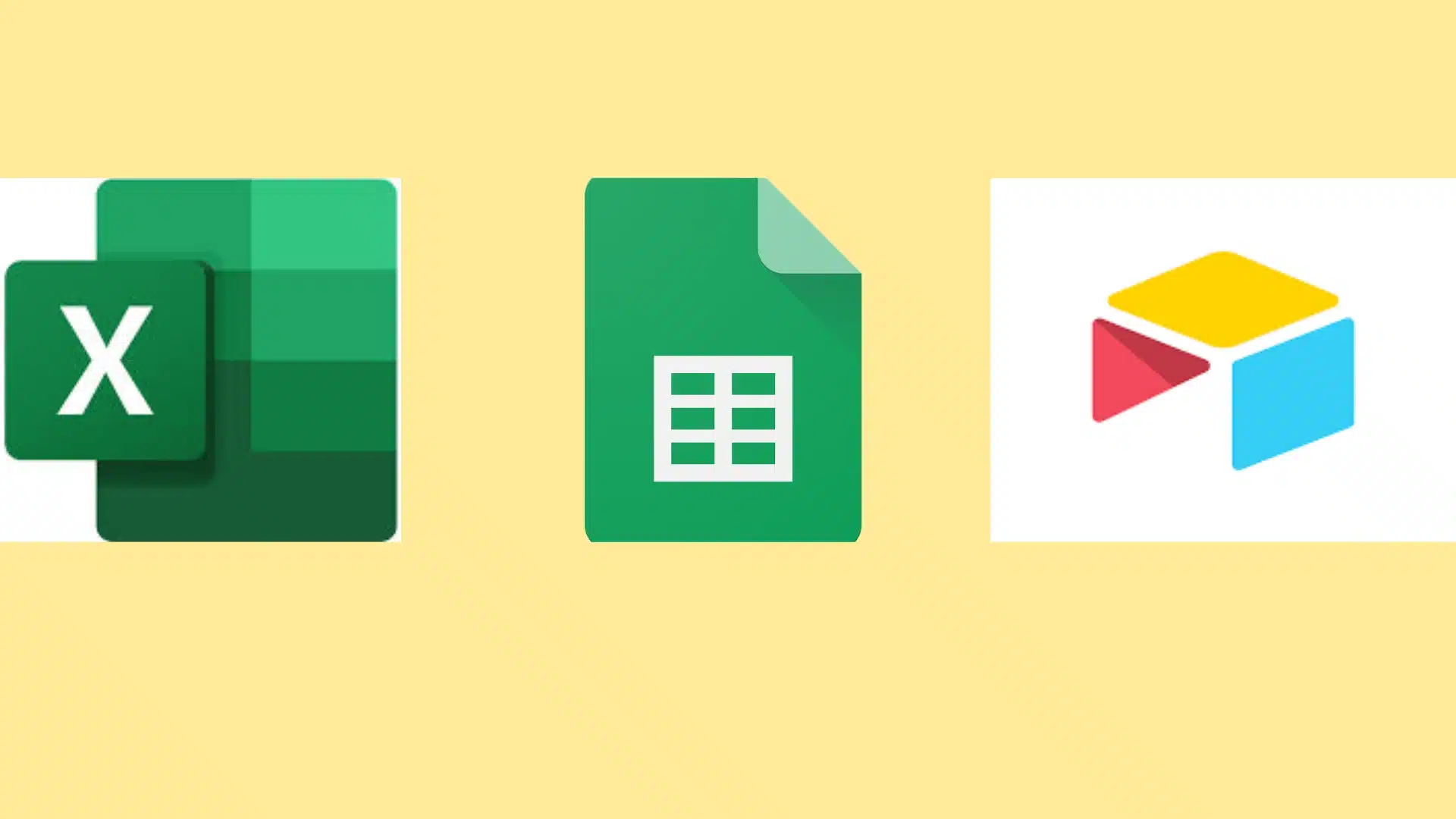Three data management logos Excel, Google Sheets, and Airtable displayed on a light tan background (1)