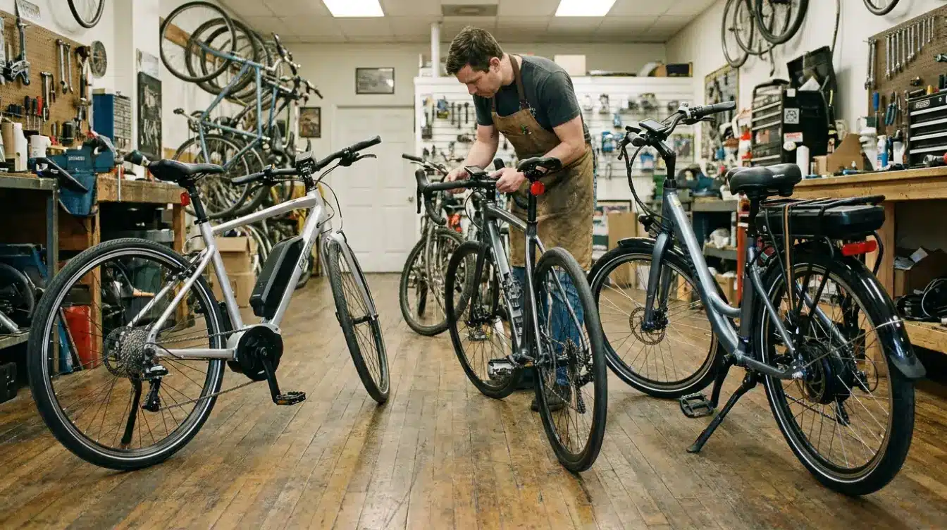 three electric bikes with pedal assist and throttle controls arranged for a clear class comparison