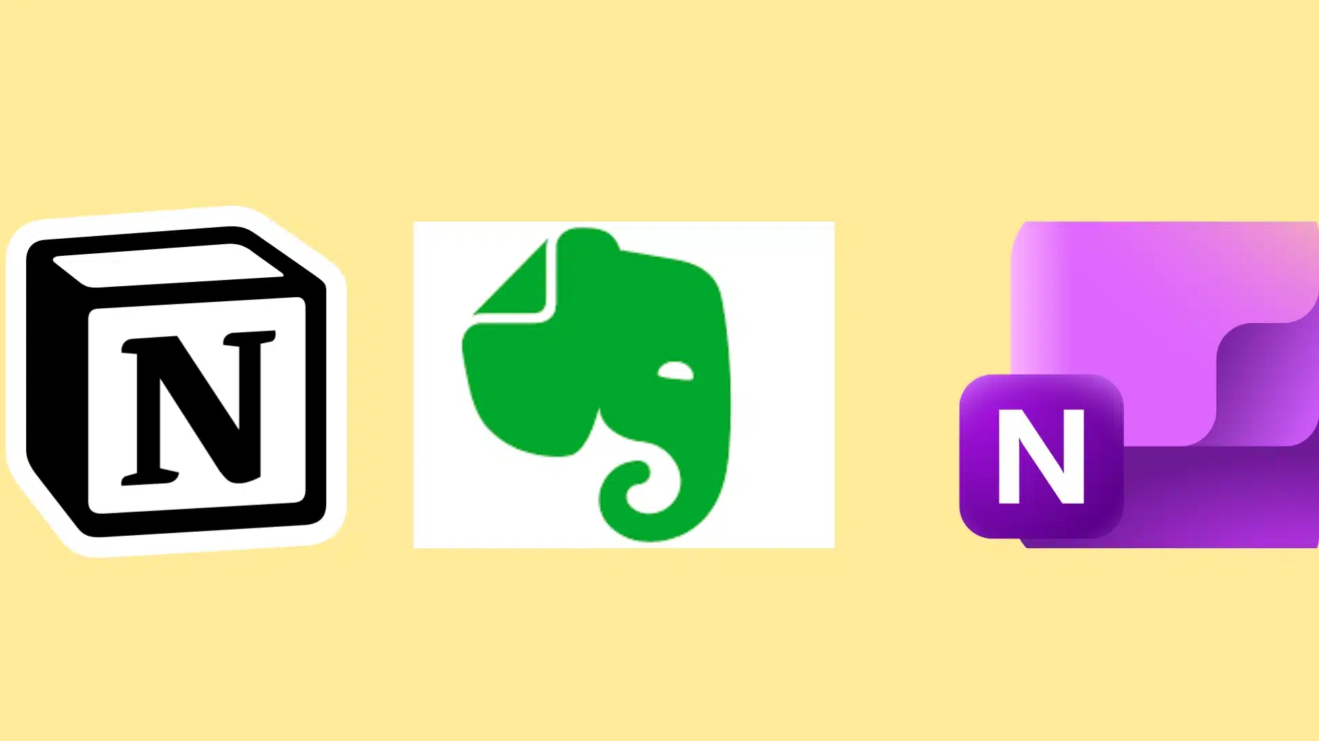 Three note taking app logos Notion, Evernote, and OneNote displayed on a light tan background (1)