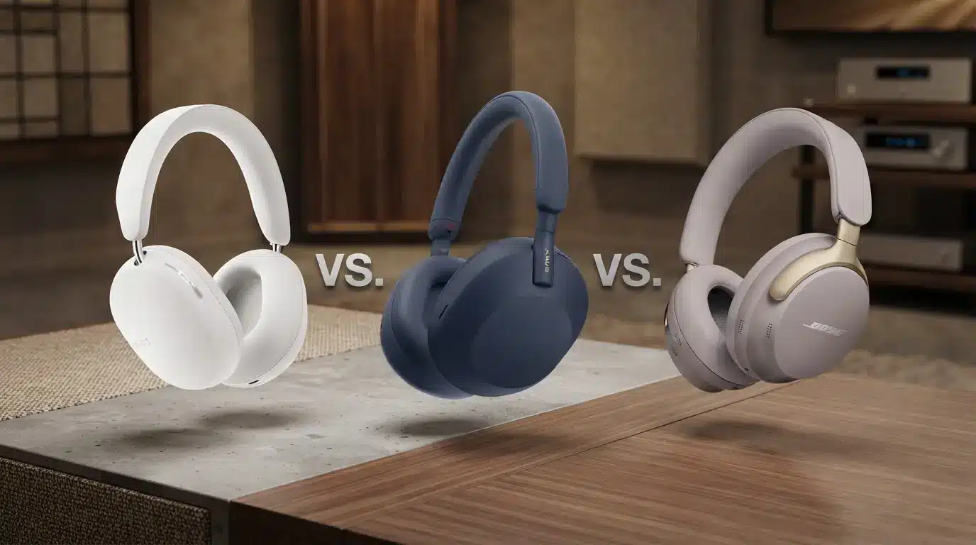 three over ear headphones in white blue and gray shown side by side with vs letters floating in living room setting