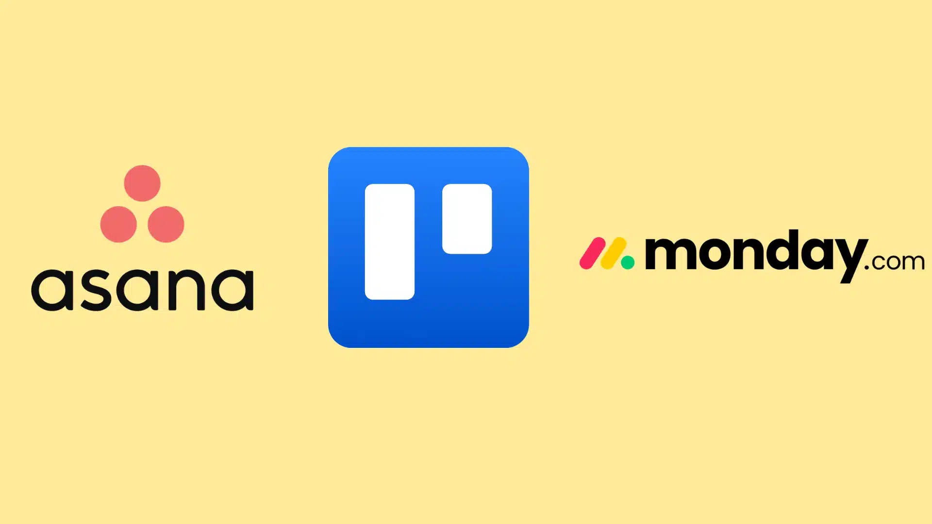 Three popular project management app logos Asana, Trello, and monday.com, on a light tan background