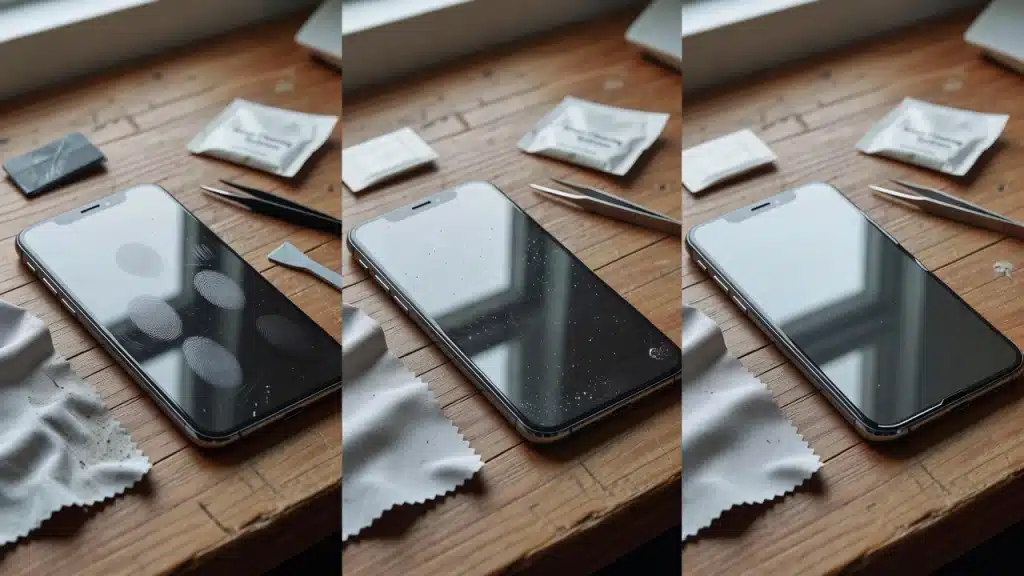 three stages of cleaning fingerprints and dust from a smartphone screen on a worktable