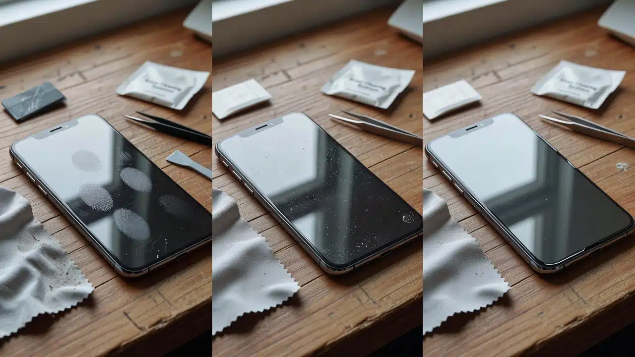 three stages of cleaning fingerprints and dust from a smartphone screen on a worktable