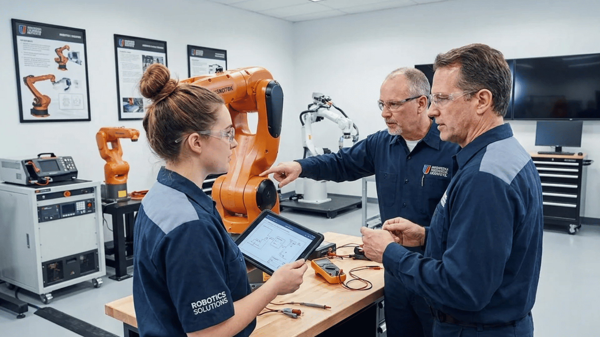 three technicians wearing safety glasses discuss robotic arm maintenance while reviewing a tablet in a robotics training lab