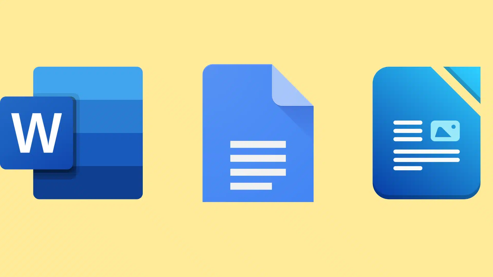 Three word processor icons Microsoft Word, Google Docs, and LibreOffice Writer on a tan textured background (1)