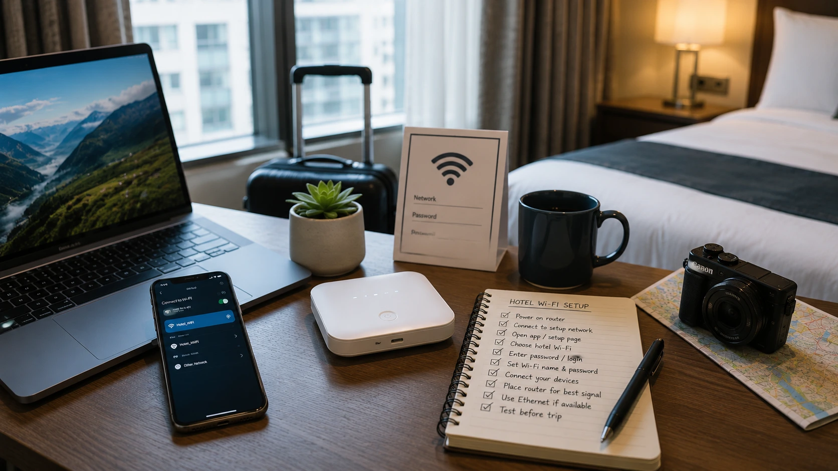 travel router connected to hotel wi-fi beside laptop and phone, showing secure multi-device internet setup in hotel room