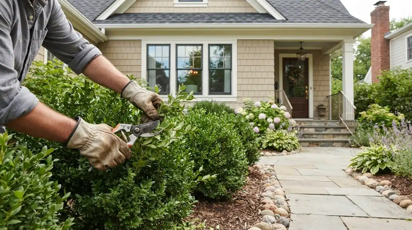 trimmed home landscaping with clear pathways and visible windows for security