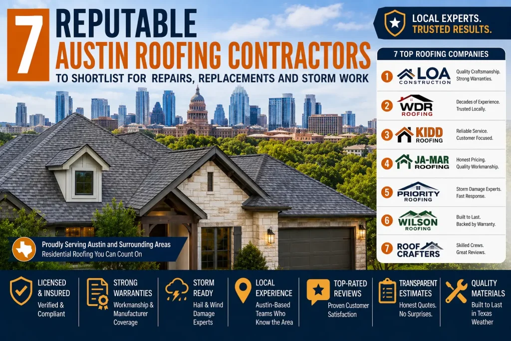 Stone house with gray shingle roof in front of Austin skyline under clear blue sky