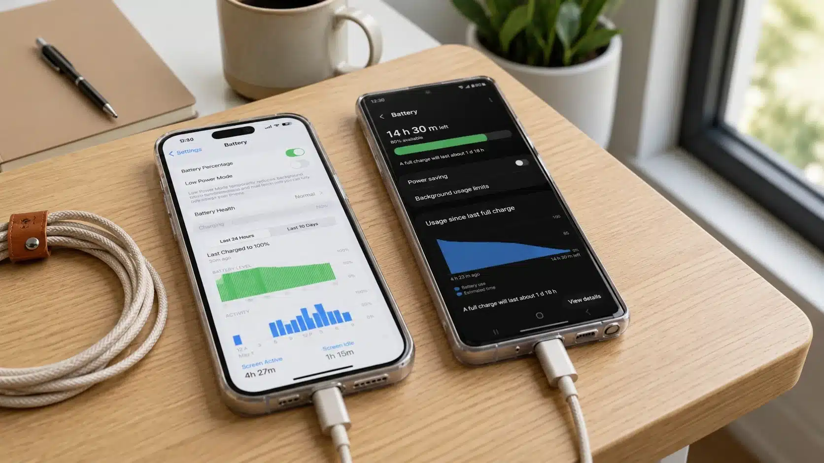 two smartphones with charging cables inserted on a wooden desk beside coffee, notebook, and indoor plant display