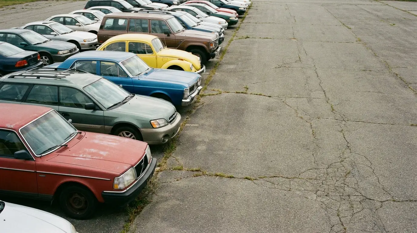 Several parked cars of various colors and models on cracked concrete pavement
