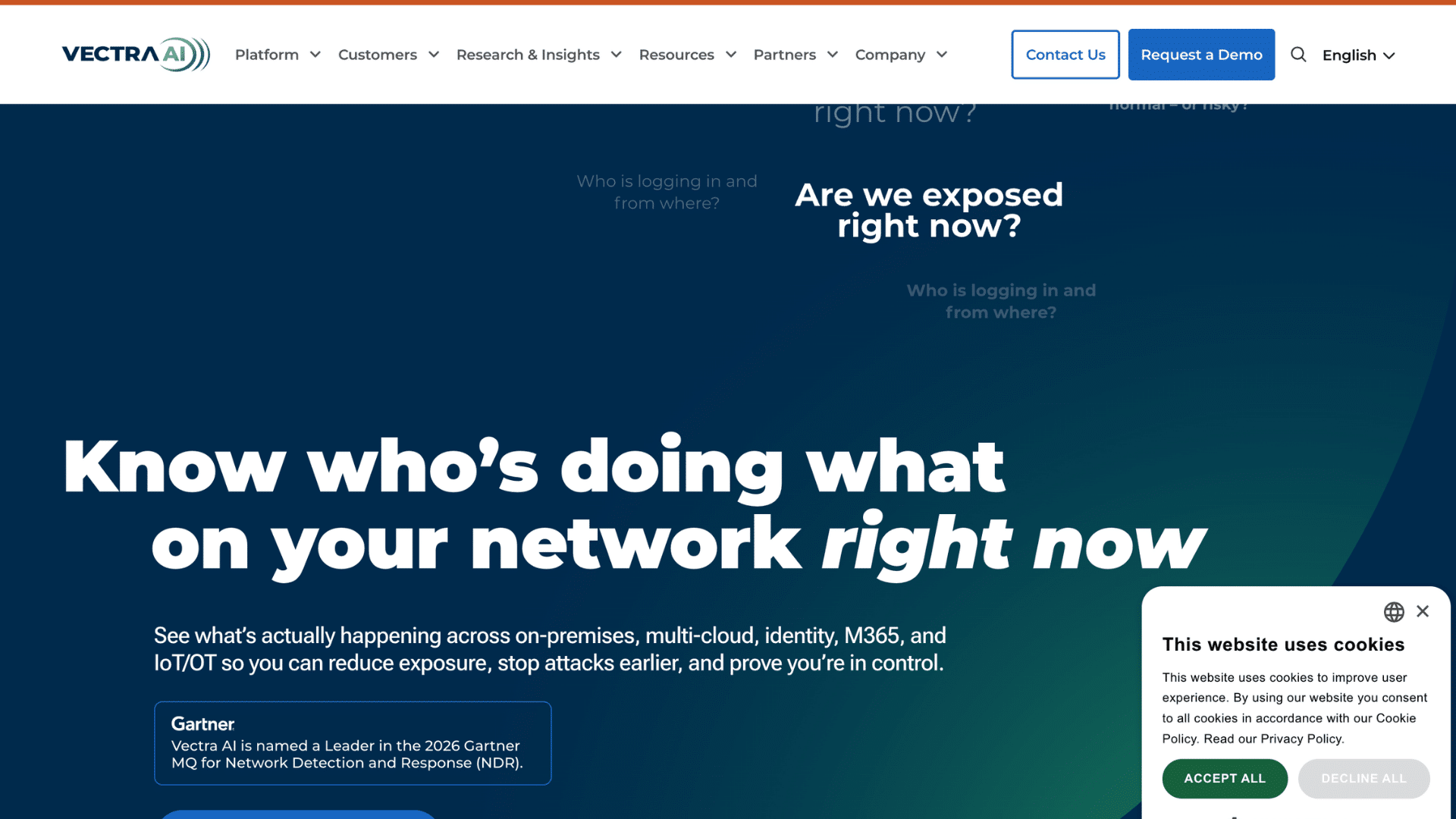 vectra ai homepage promoting network detection and response with platform overview and cookie consent banner
