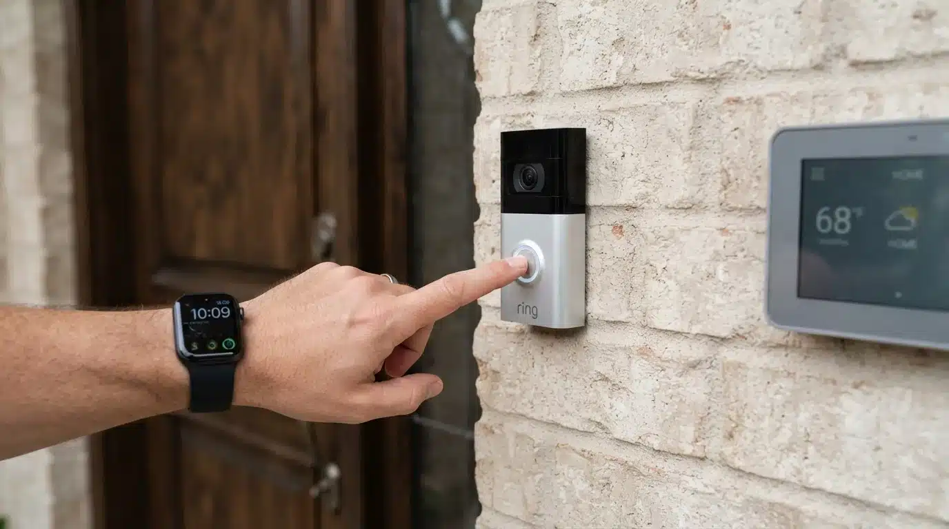 video doorbell camera near front door with smartphone security monitoring