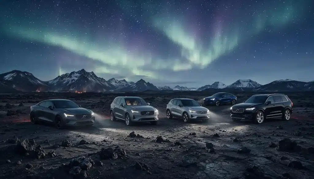 volvo electric vehicles lineup under northern lights with mountains