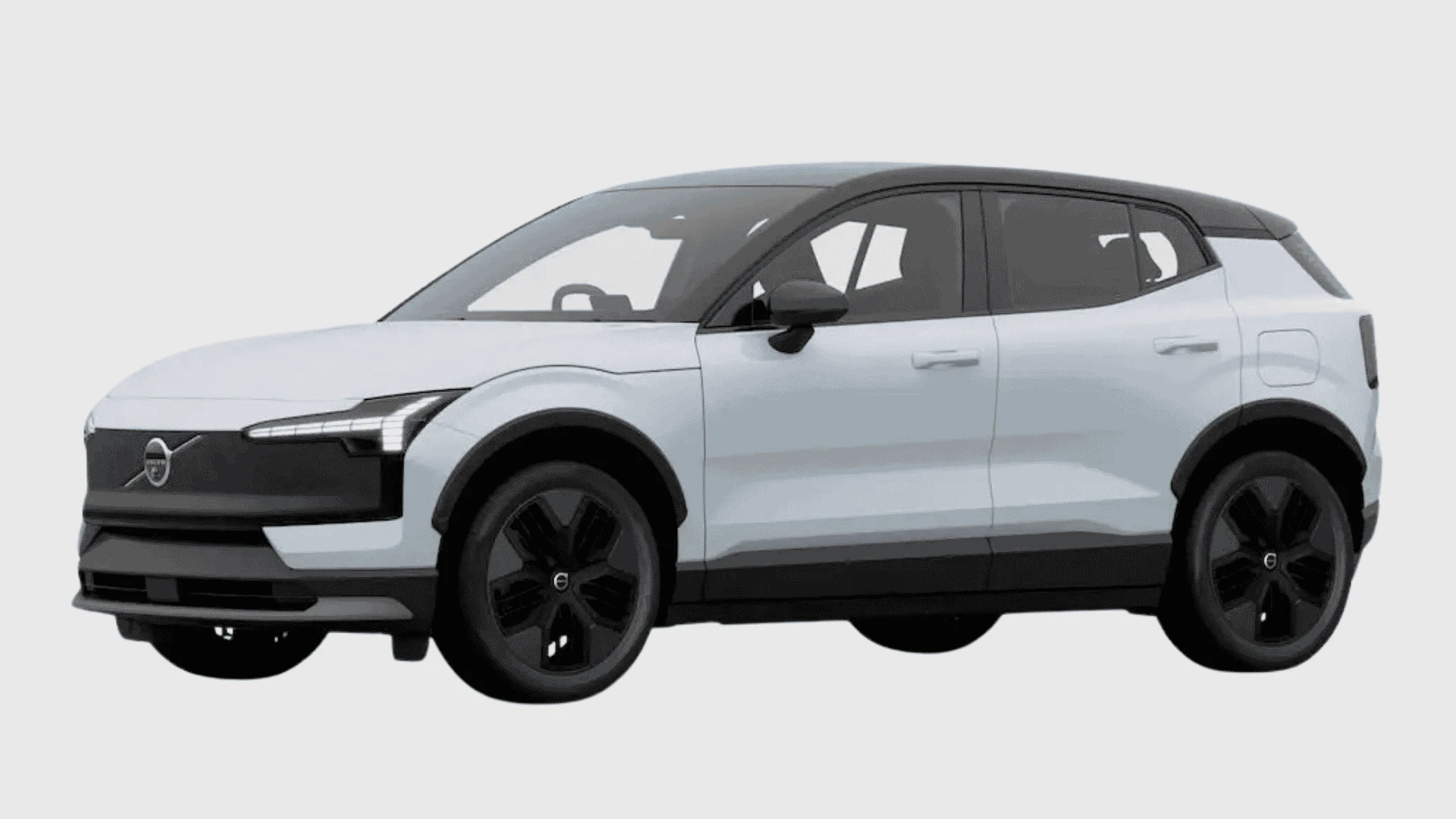 volvo ex30 silver electric suv side profile with sleek design black wheels and modern exterior on light background