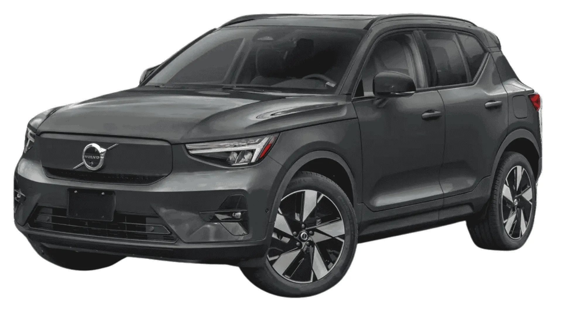 volvo ex40 electric suv in dark gray with sleek front view and modern alloy wheels design