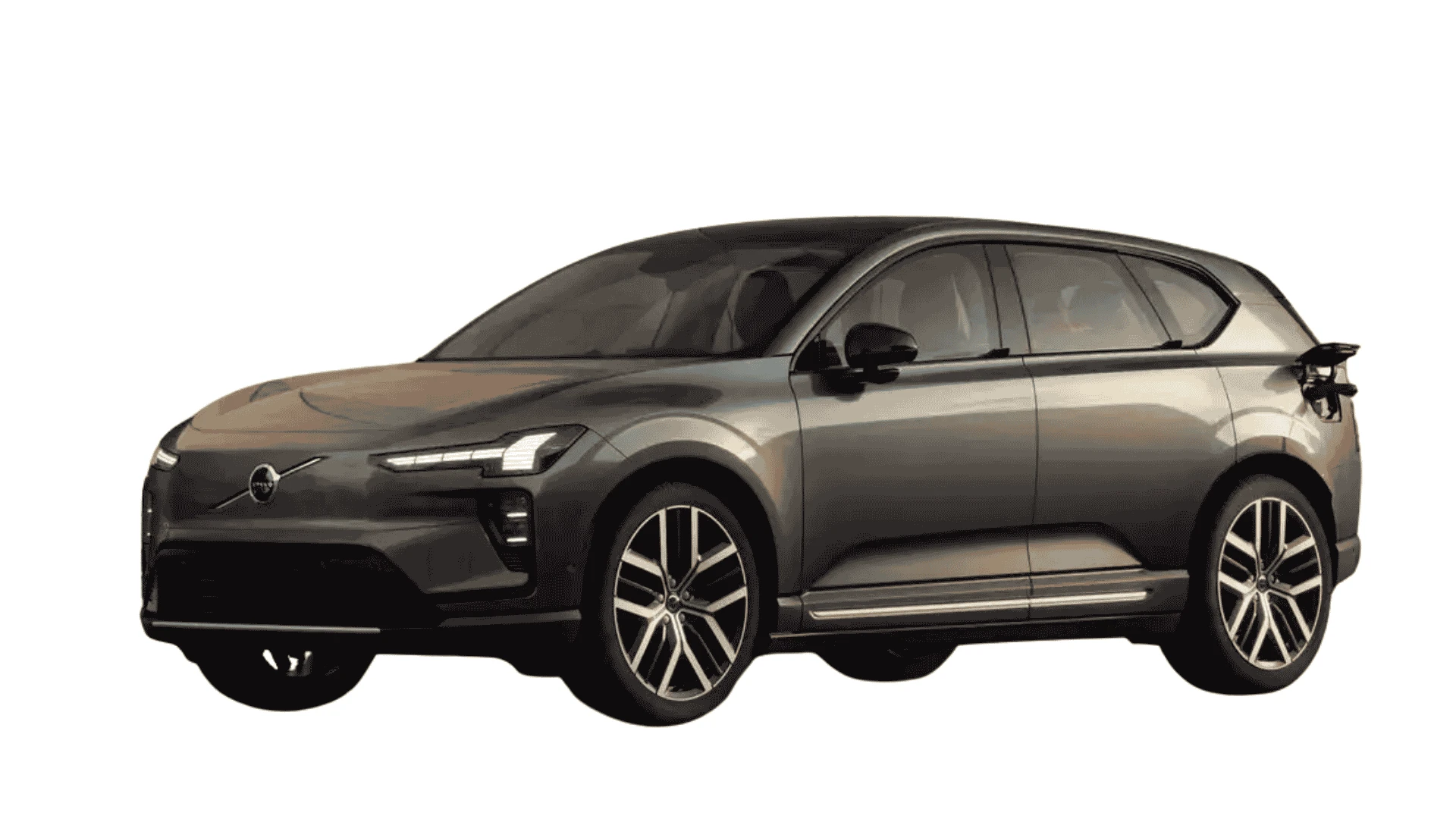 volvo ex60 electric suv in dark gray with sleek wagon style design and modern alloy wheels