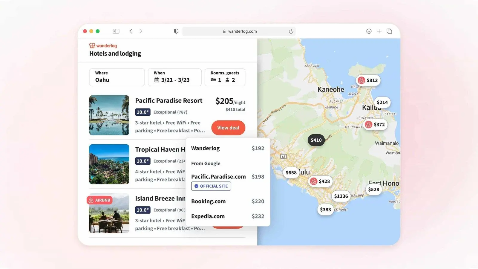 wanderlog app showing hotel options and map features for road trip planning
