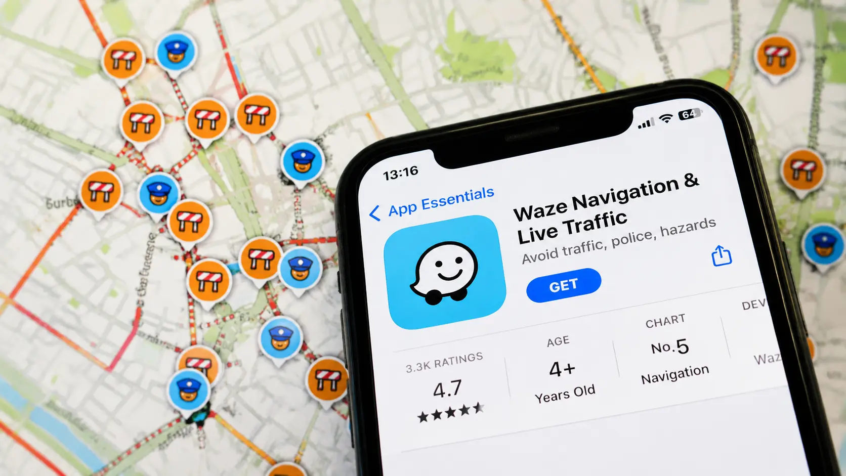 waze app showing live traffic alerts and route updates on a smartphone during a road trip